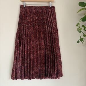 Max Studio Burgundy Paisley Pleated Midi Skirt High Rise Elastic Waist L Women